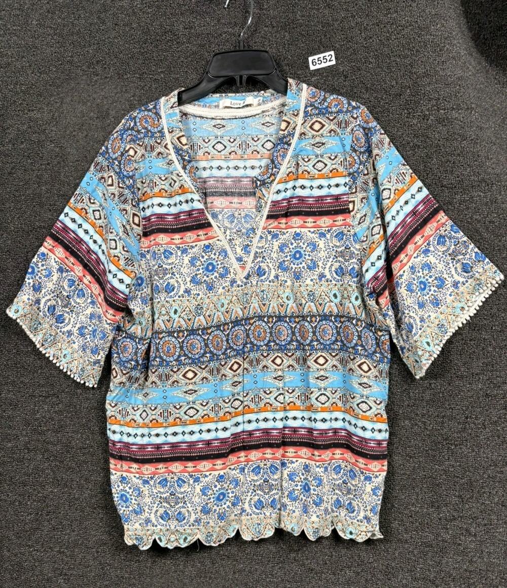 Love 83 Peasant Blouse Womens Size 1X Multicolor Short Sleeve V-Neck Bohemian